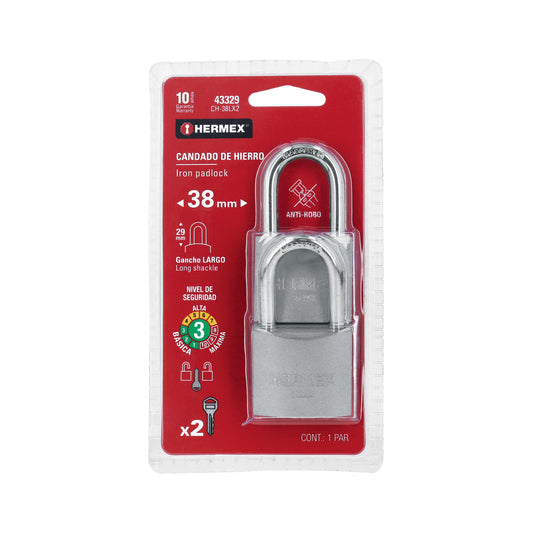 Blíster con 2 candados de hierro de 38 mm con gancho largo