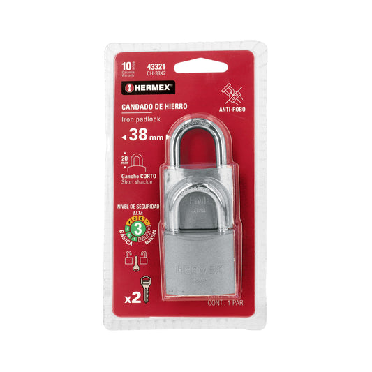 Blíster con 2 candados de hierro de 38 mm con gancho corto