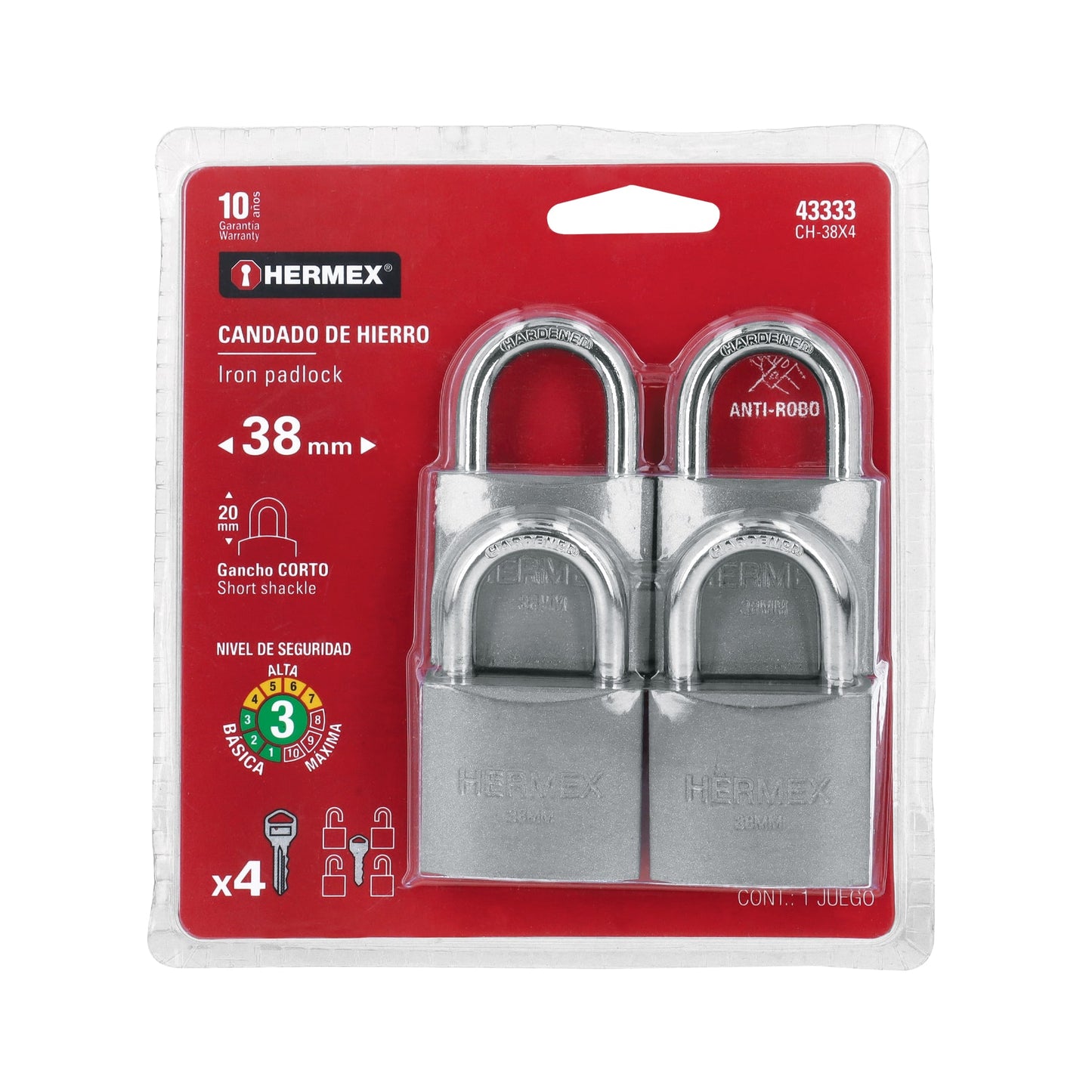 Blíster con 4 candados de hierro de 38 mm con gancho corto