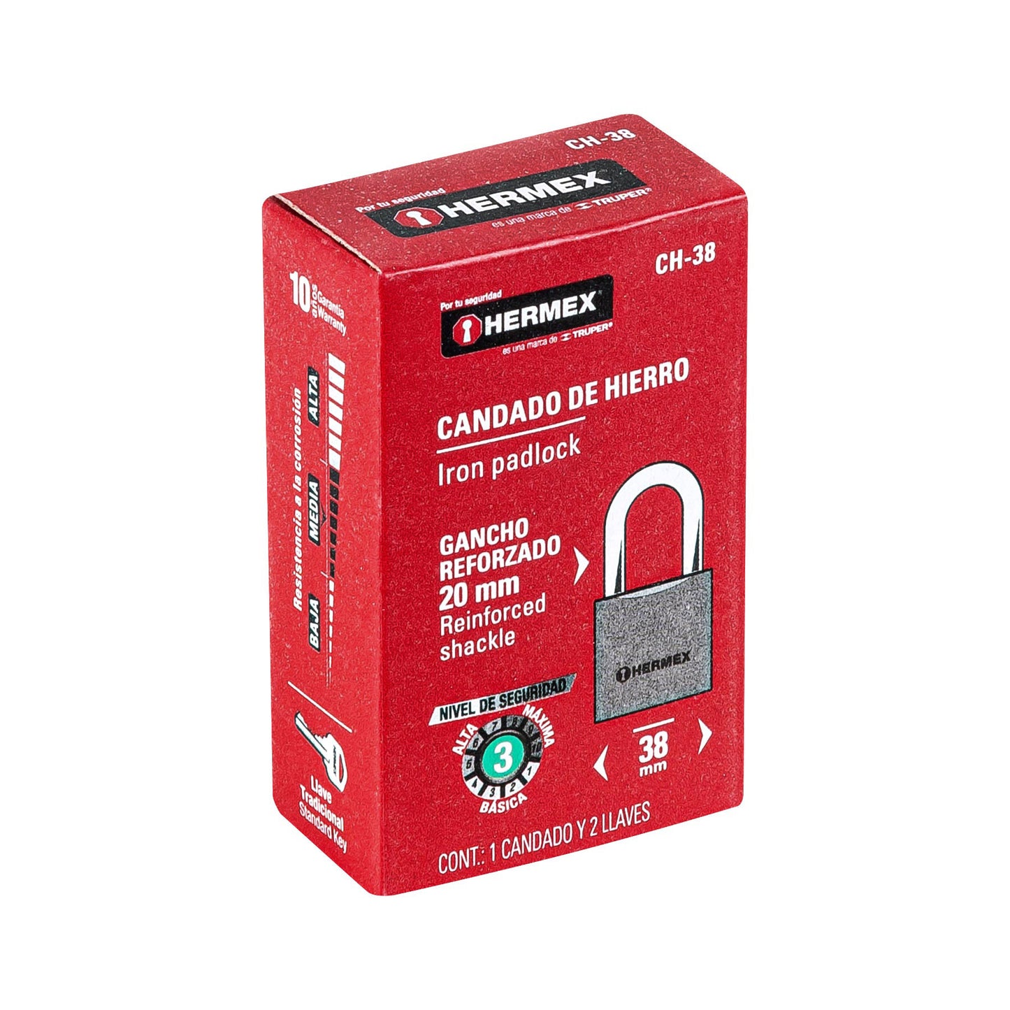 Candado de hierro de 38 mm con gancho corto
