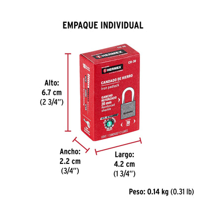 Candado de hierro de 38 mm con gancho corto