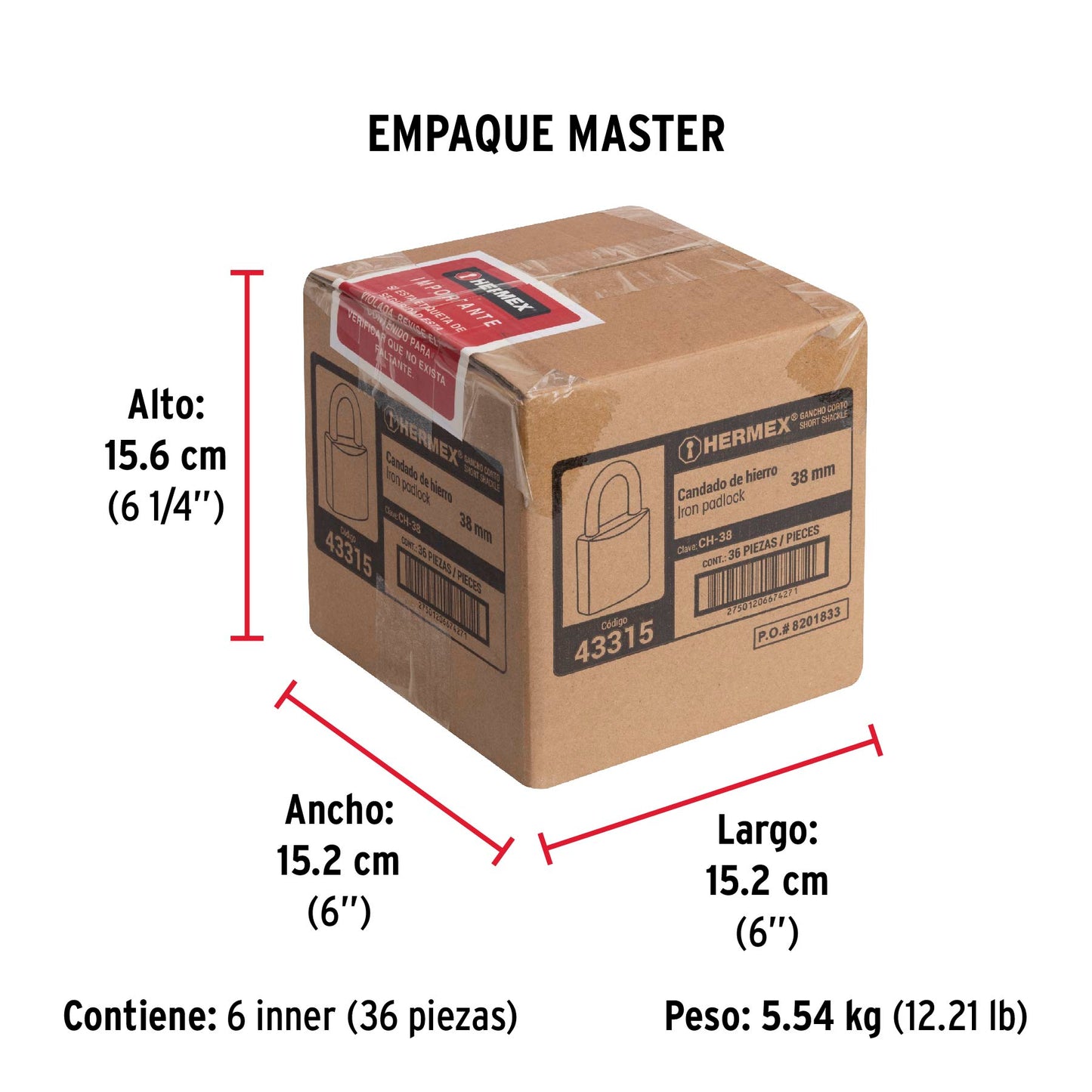 Candado de hierro de 38 mm con gancho corto