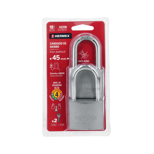 Blíster con 2 candados de hierro de 45 mm con gancho largo