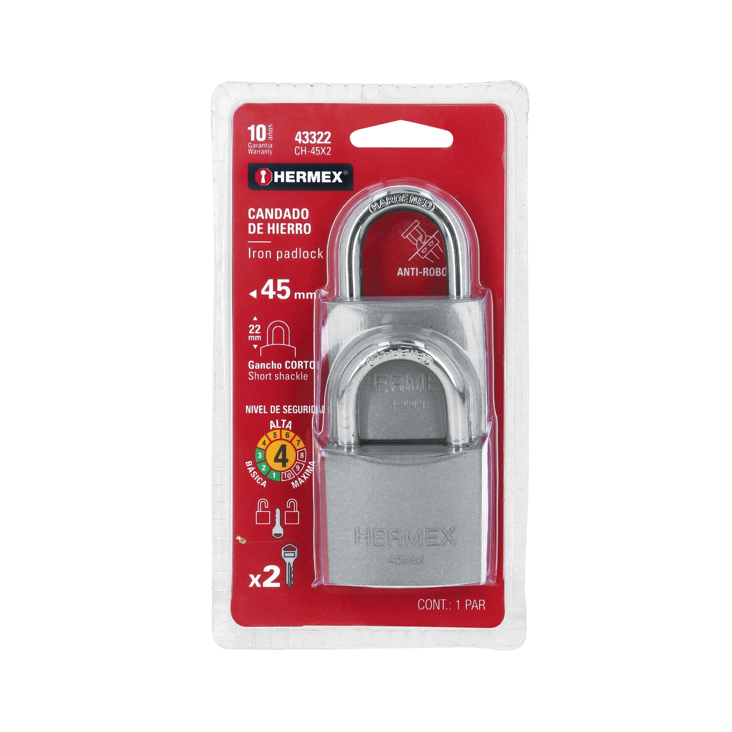 Blíster con 2 candados de hierro de 45 mm con gancho corto