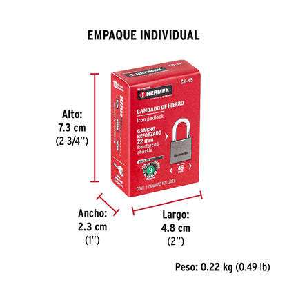 Candado de hierro de 45 mm con gancho corto