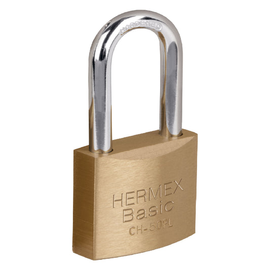 Candado de hierro Hermex 50 mm con gancho largo acabado latón