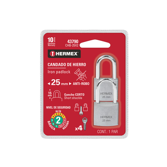 Blíster con 2 candados de hierro de 25 mm con gancho corto