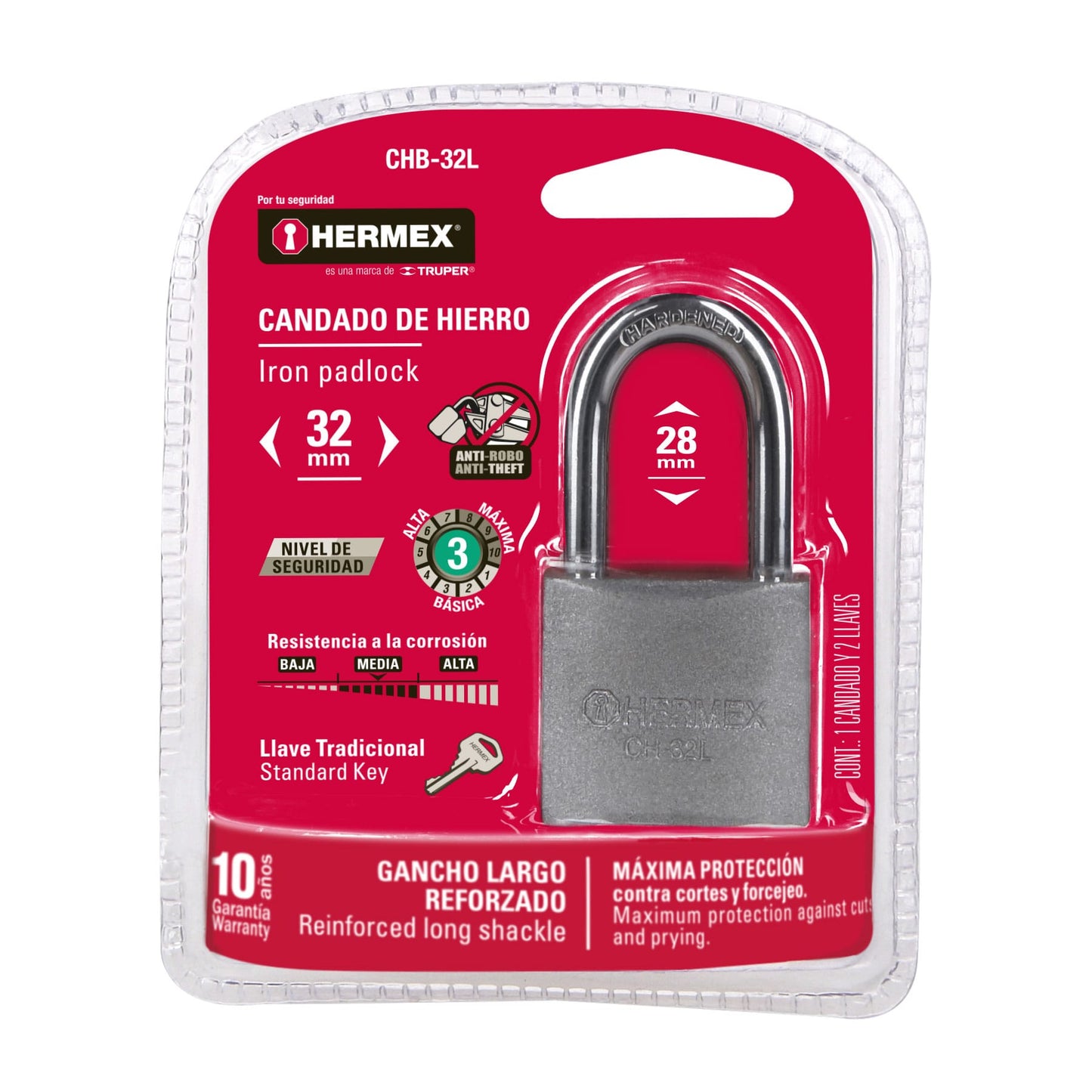 Candado de hierro de 32 mm con gancho largo