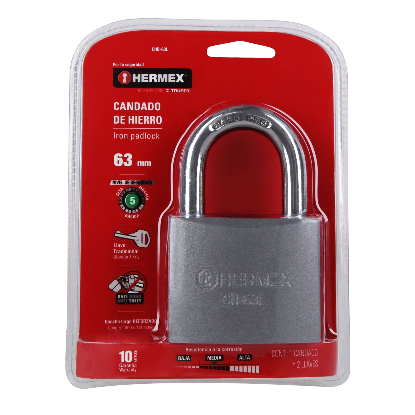 Candado de hierro de 63 mm con gancho largo