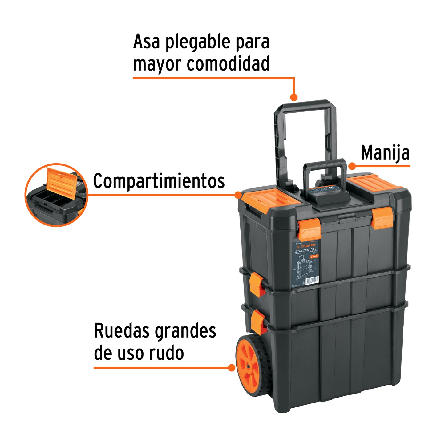 Caja para herramientas 3 en 1 desmontable con ruedas de 63 cm x 48 cm