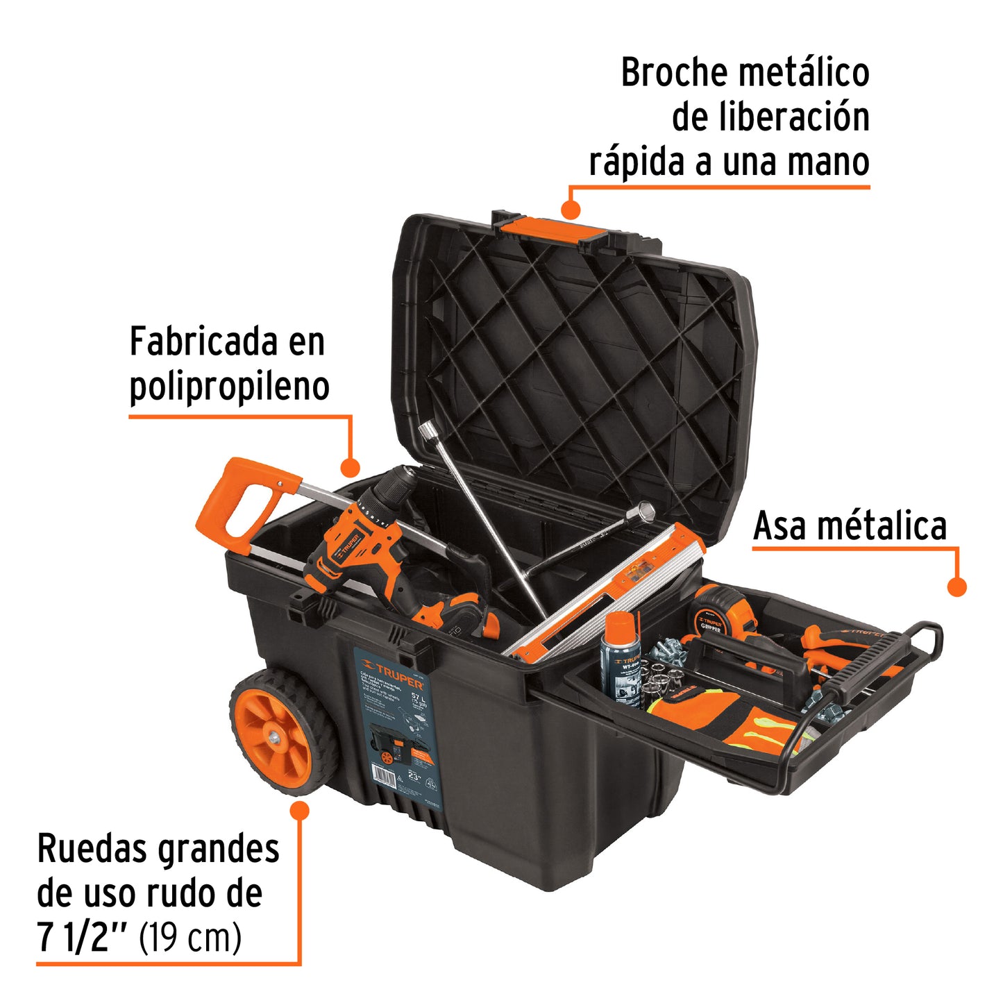 Caja para herramienta de 58 cm con ruedas y mango telescópico