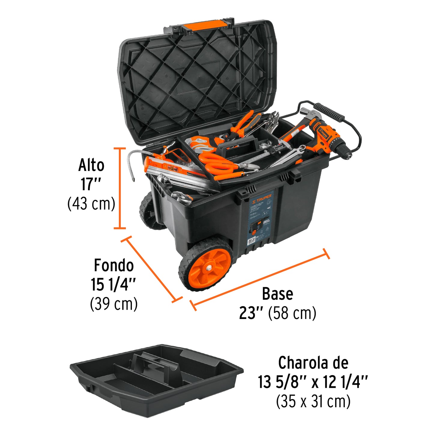 Caja para herramienta de 58 cm con ruedas y mango telescópico