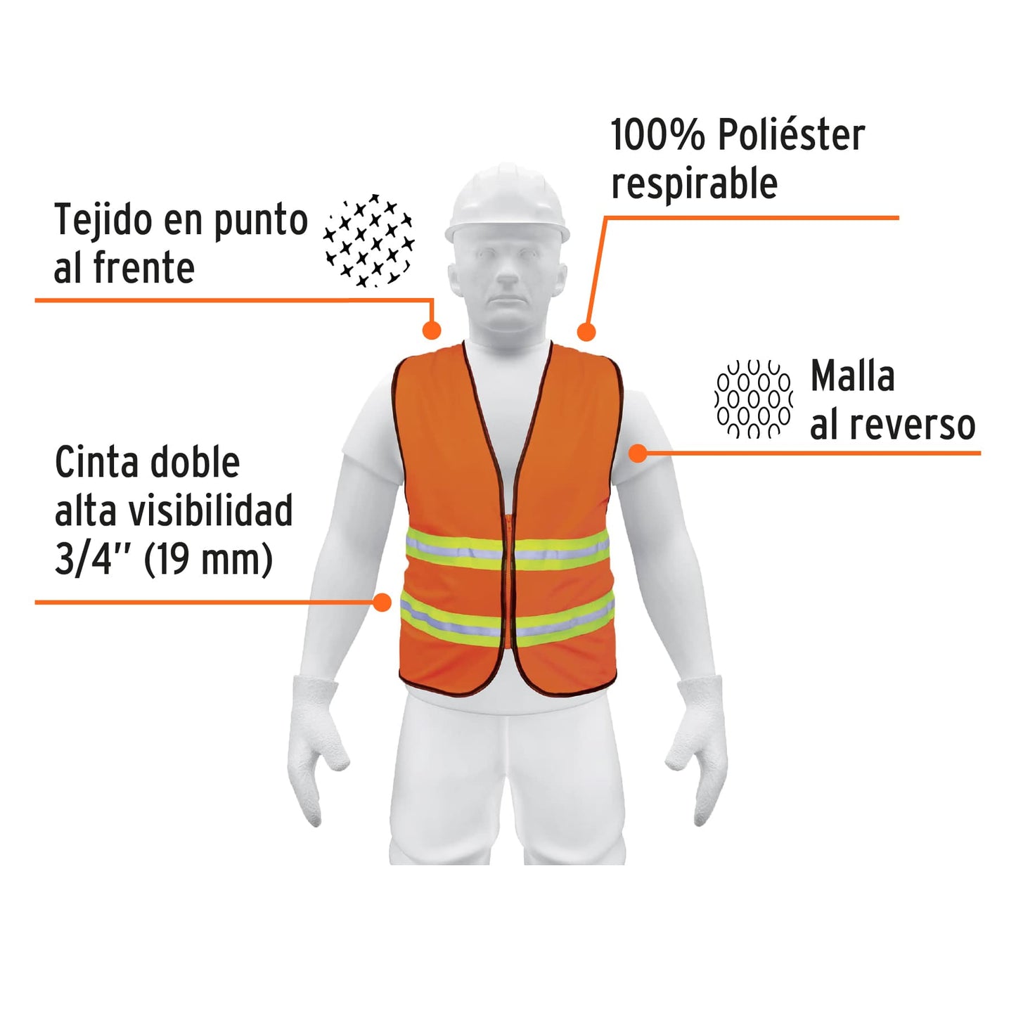 Chaleco de seguridad naranja alta visibilidad con