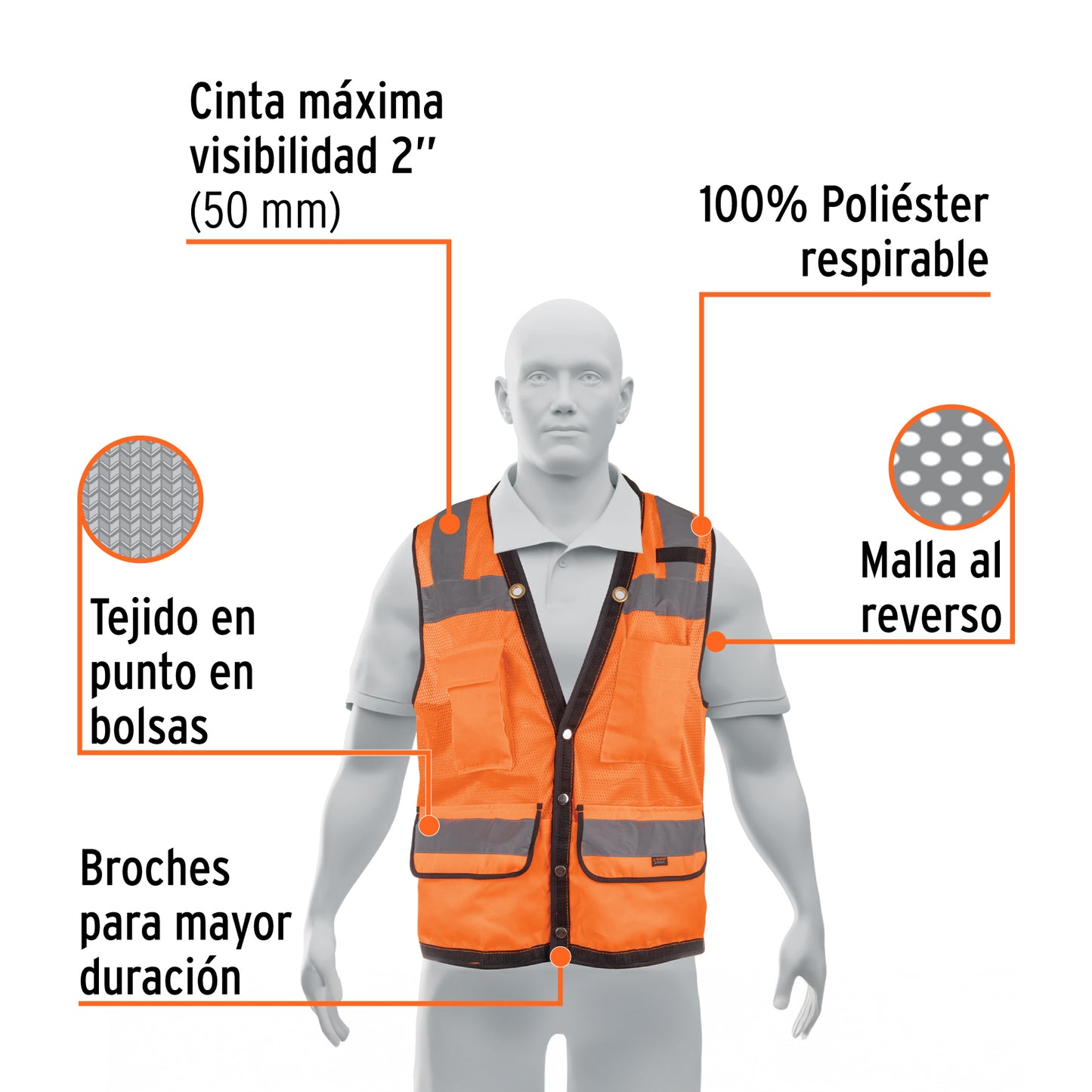 Chaleco seguridad reforzado naranja con bolsas G