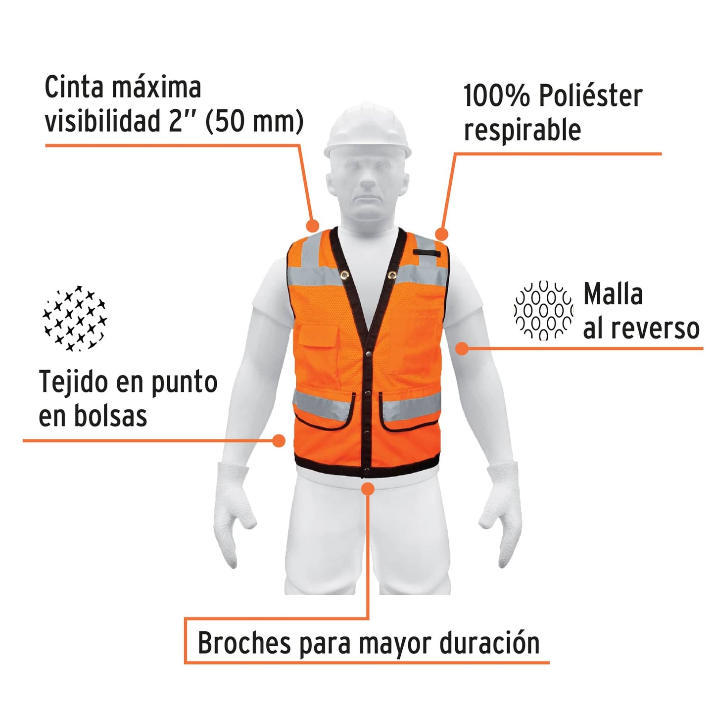 Chaleco seguridad reforzado naranja con bolsas EG