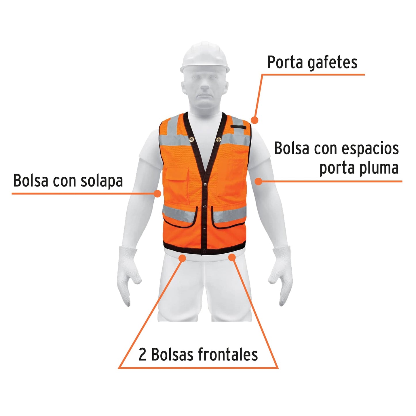 Chaleco seguridad reforzado naranja con bolsas EG
