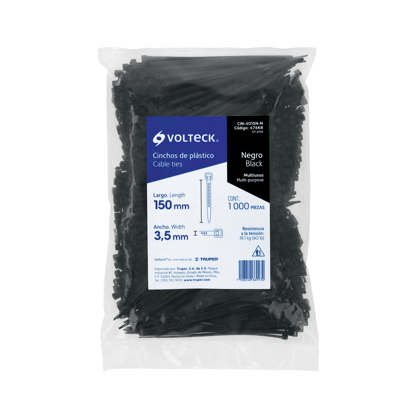 Bolsa con 1000 cinchos plásticos 40 lb 150 x 3.5 mm negro