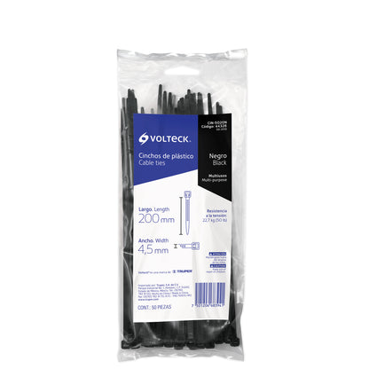 Bolsa con 50 cinchos plásticos de 50 lb de 20 cm de largo y 4.5 mm de ancho en color negro