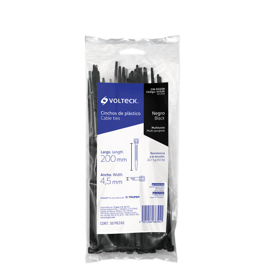 Bolsa con 50 cinchos plásticos de 50 lb de 20 cm de largo y 4.5 mm de ancho en color negro