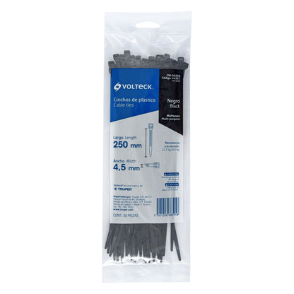 Bolsa con 50 cinchos plásticos 50 lb 250 x 4.5 mm negro