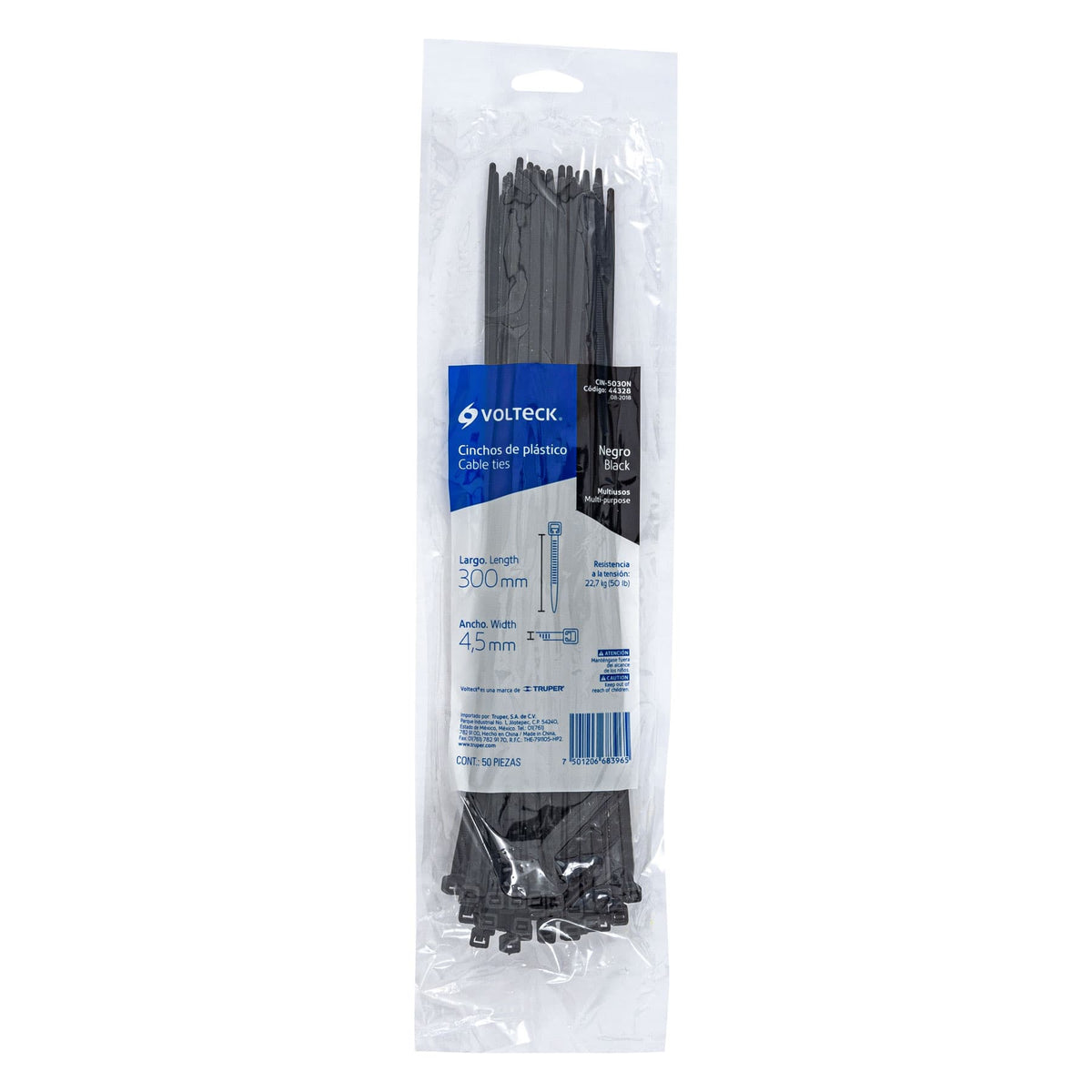 Bolsa con 50 cinchos plásticos 50 lb 300 x 4.5 mm negro