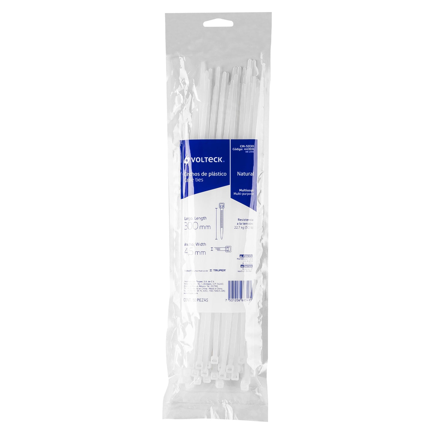 Bolsa con 50 cinchos plásticos 50 lb 300 x 4.5 mm natural