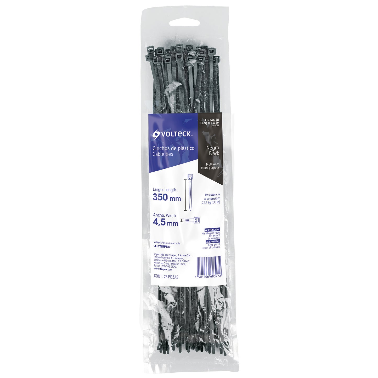 Bolsa con 25 cinchos plásticos de 50 lb de 35 cm de largo y 4.5 mm de ancho en color negro