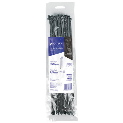 Bolsa con 25 cinchos plásticos de 50 lb de 35 cm de largo y 4.5 mm de ancho en color negro