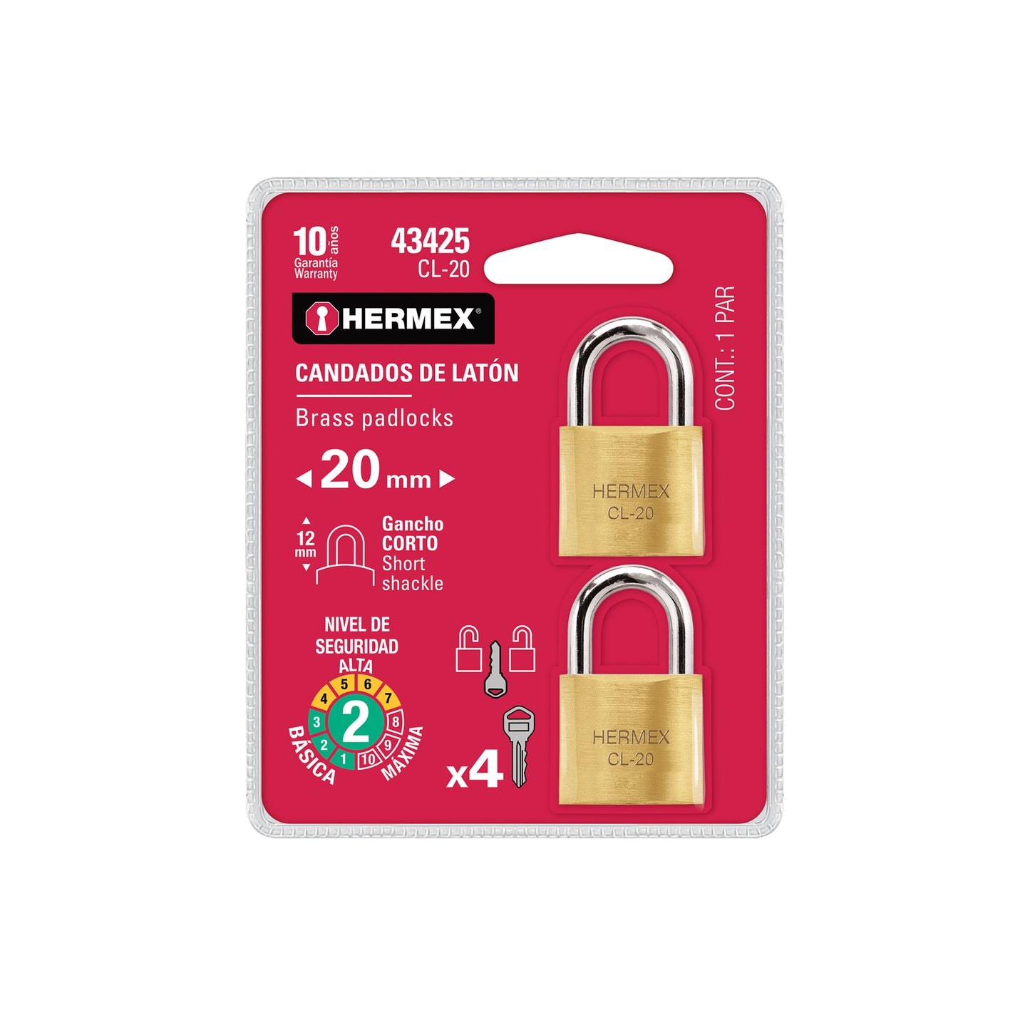 Blíster con 2 candados de latón de 20 mm con gancho corto