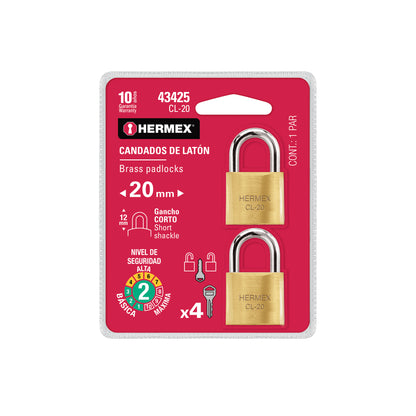 Blíster con 2 candados de latón de 20 mm con gancho corto