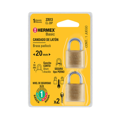 Blíster con 2 candados de latón de 20 mm
