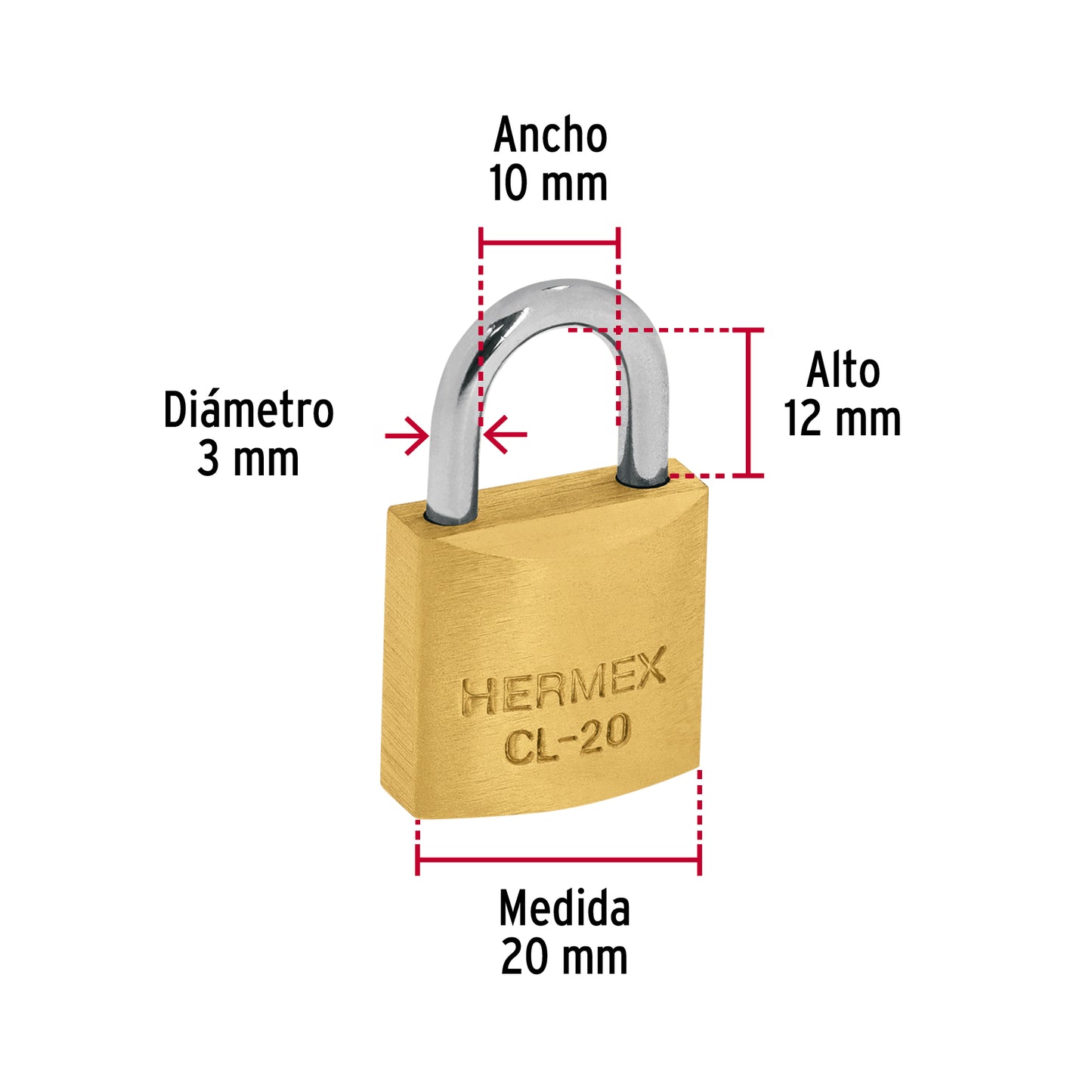 Blíster con 2 candados de latón de 20 mm con gancho corto