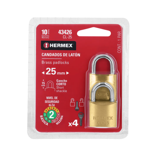 Blíster con 2 candados de latón de 25 mm con gancho corto