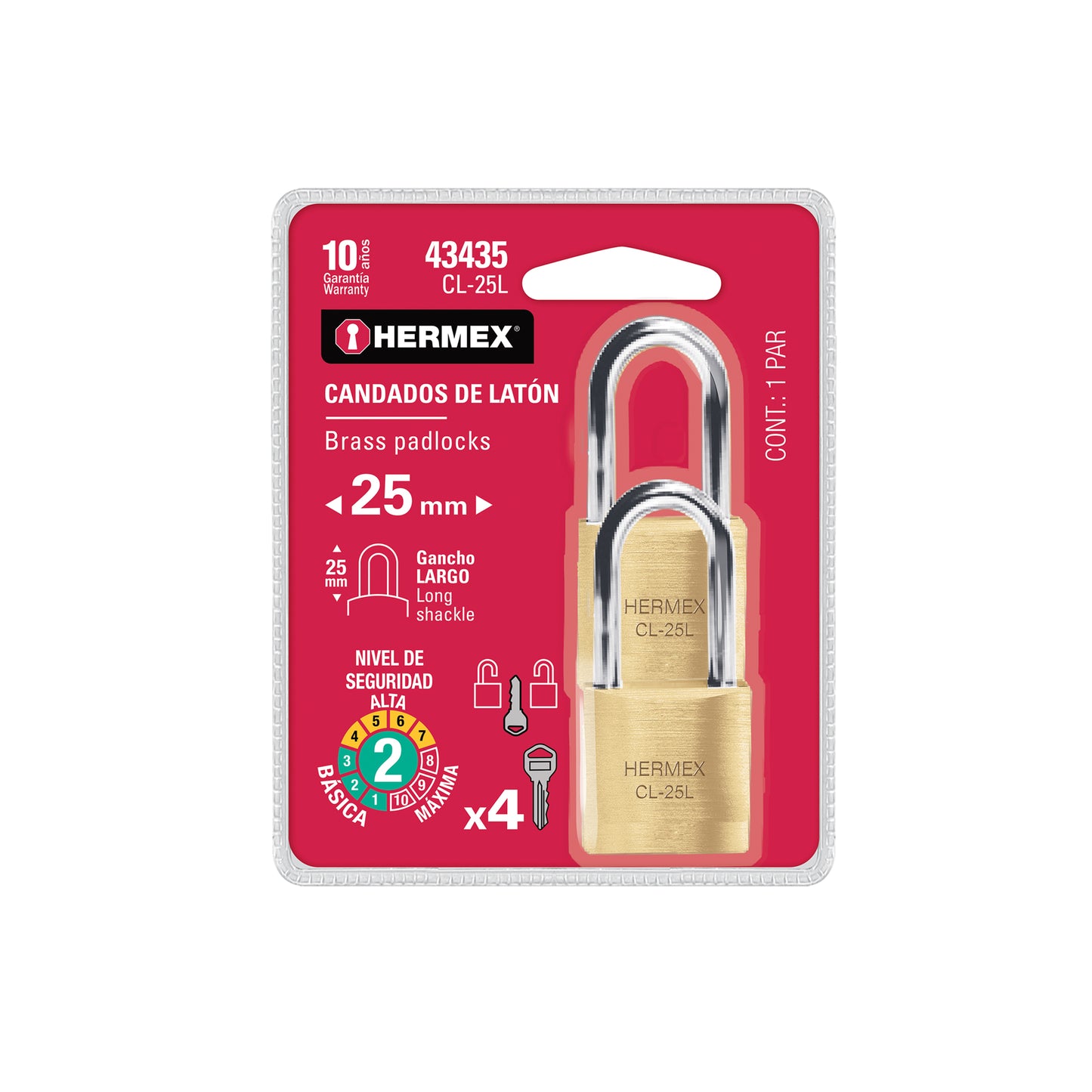 Blíster con 2 candados de latón de 25 mm con gancho largo