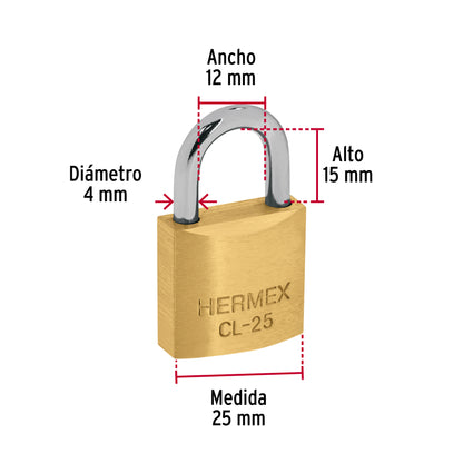 Blíster con 2 candados de latón de 25 mm con gancho corto