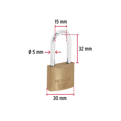 Candado de latón de 30 mm con gancho largo
