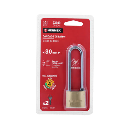 Candado de latón de 30 mm con gancho extra largo