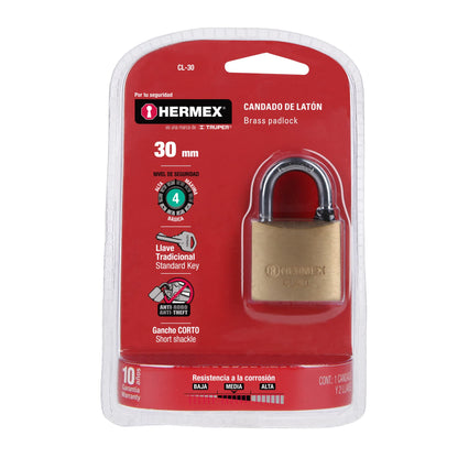 Candado de latón de 30 mm con gancho corto