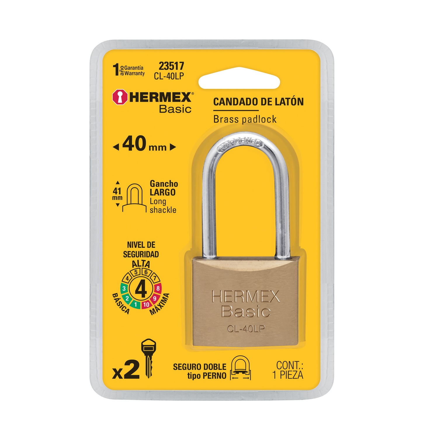 Candado de latón de 40 mm con gancho largo