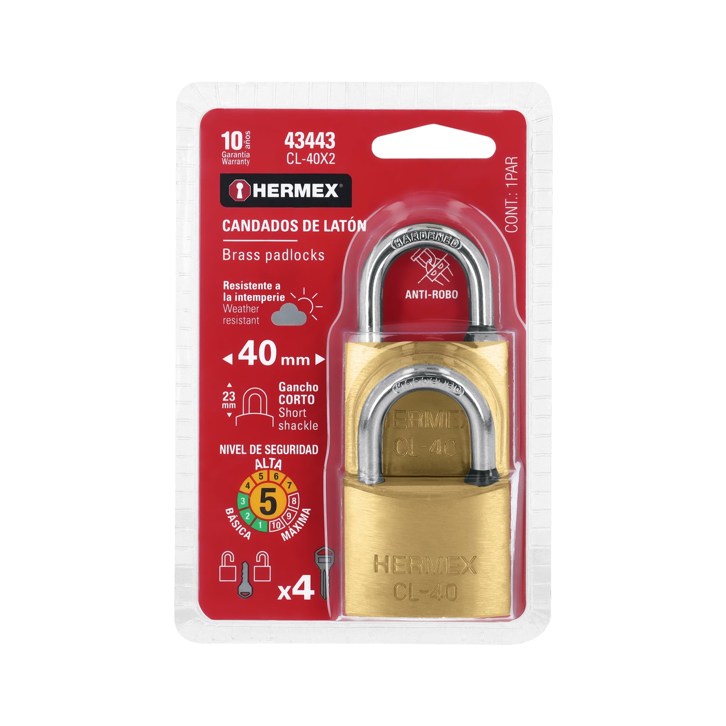 Blíster con 2 candados de latón de 40 mm con gancho corto