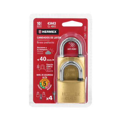 Blíster con 2 candados de latón de 40 mm con gancho corto