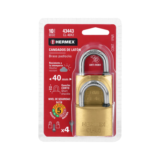 Blíster con 2 candados de latón de 40 mm con gancho corto