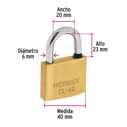 Blíster con 2 candados de latón de 40 mm con gancho corto