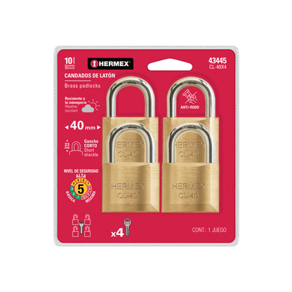 Blíster con 4 candados de latón de 40 mm con gancho corto