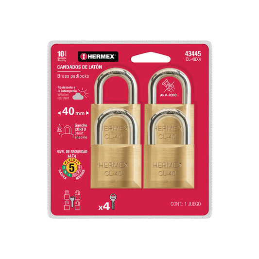 Blíster con 4 candados de latón de 40 mm con gancho corto