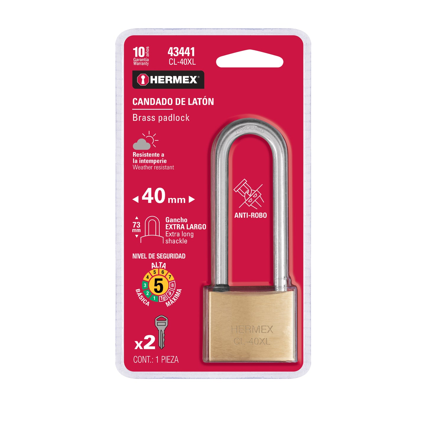 Candado de latón de 40 mm con gancho extra largo