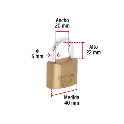 Candado de latón de 40 mm con llave tetra