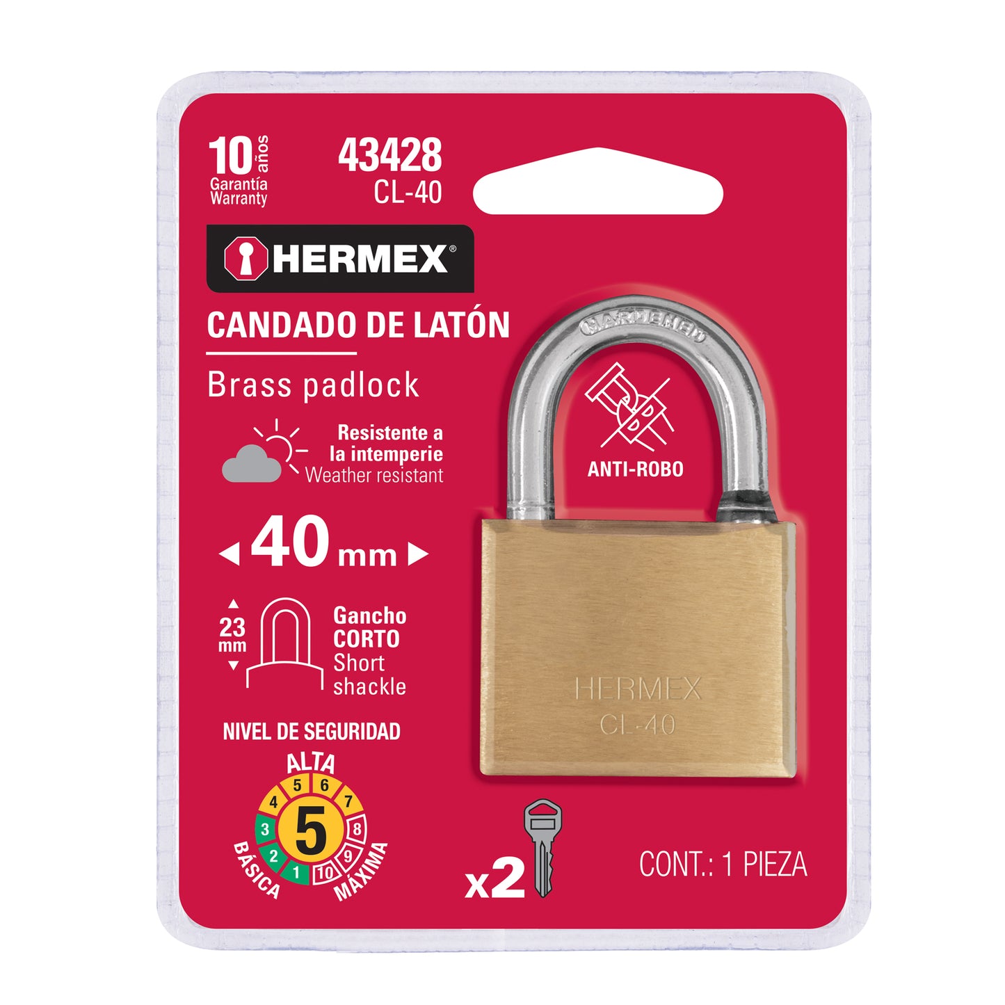 Candado de latón de 40 mm con gancho corto