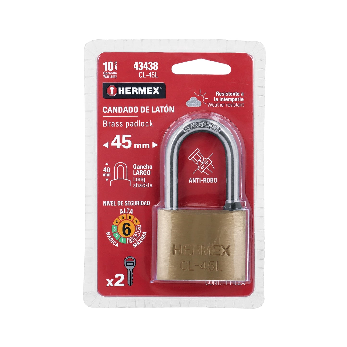 Candado de latón de 45 mm con gancho largo