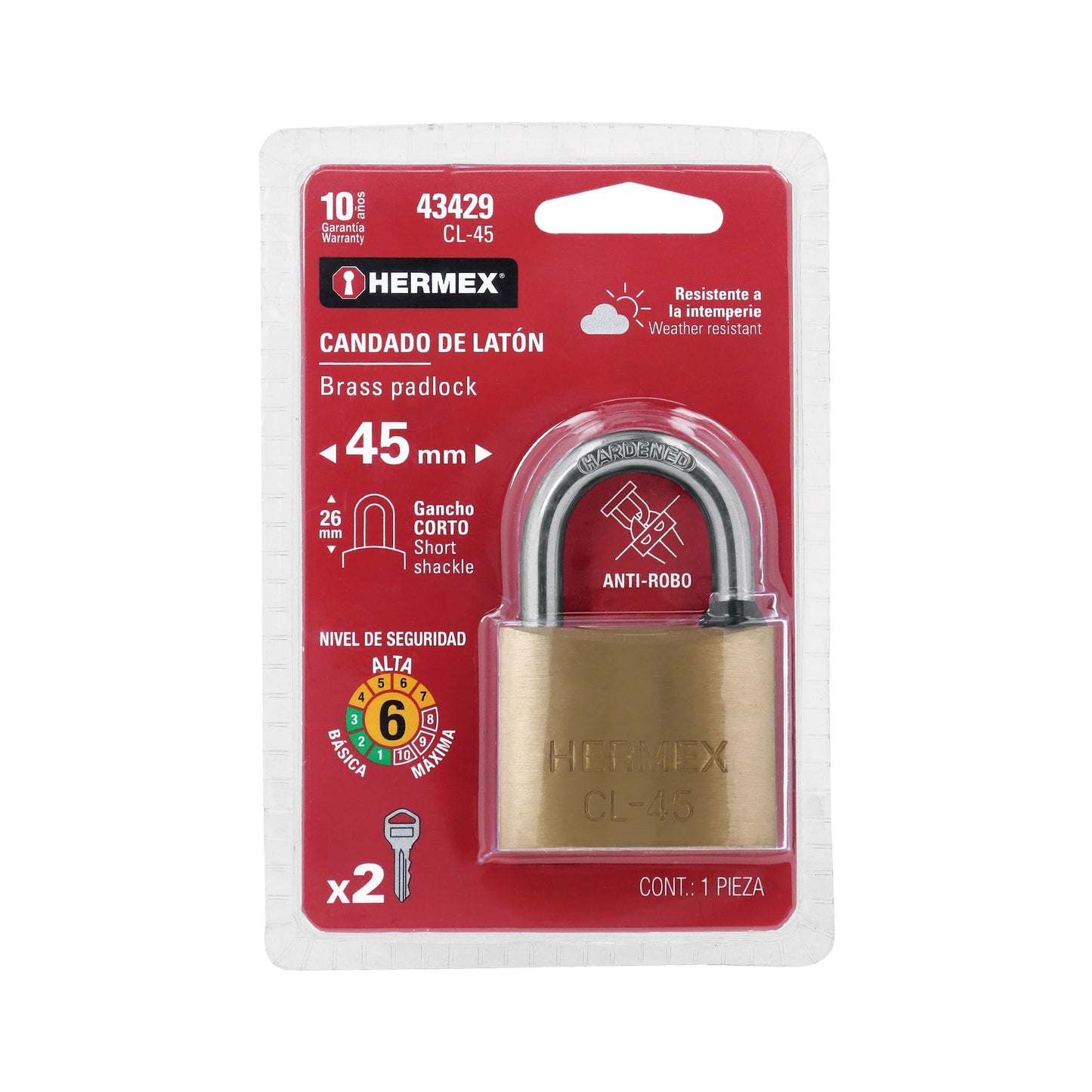 Candado de latón de 45 mm con gancho corto